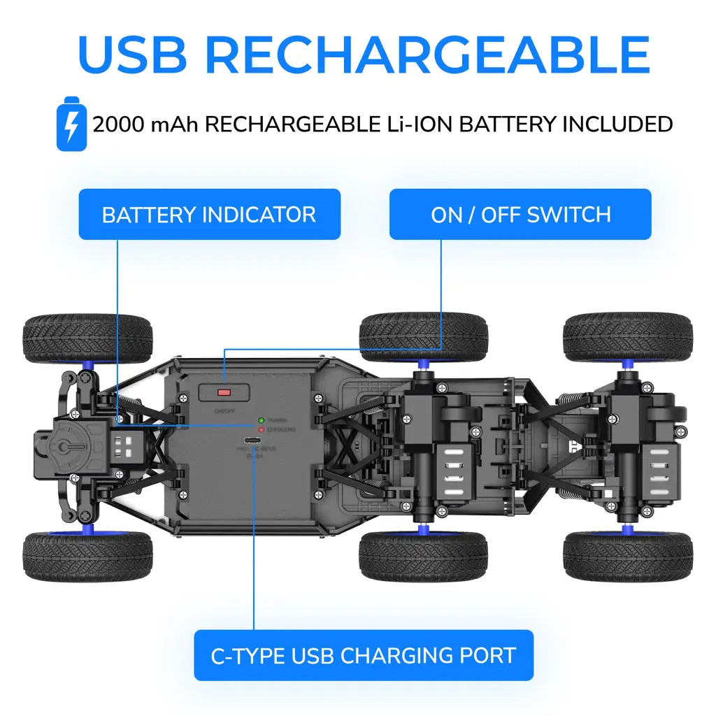 MIRANA MEGA RANGER APP AND REMOTE CONTROL CAR - DUAL MOTOR, LED HEADLIGHTS, SMOKE EXHAUST, 6 DRIVE WHEEL, 2000 MAH LI-ION RECHARGEABLE BATTERY, C TYPE USB CHARGING (PRIME BLUE )