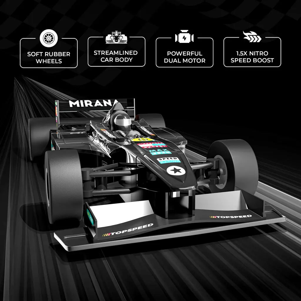 MIRANA F1R SUPER CAR APP & REMOTE CONTROL SUPER CAR - 1.5X NITRO BOOST, IN-BUILT BLUETOOTH SPEAKER, 2000 MAH C TYPE USB RECHARGEABLE BATTERY, DUAL MOTOR & SOFT RUBBER WHEELS SCALE 1:16 (BLACK)