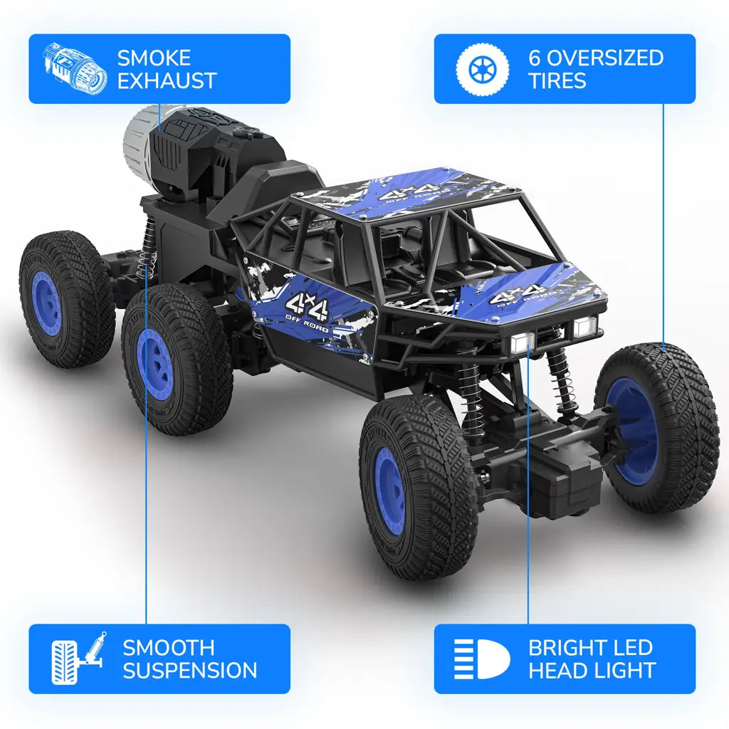 MIRANA MEGA RANGER APP AND REMOTE CONTROL CAR - DUAL MOTOR, LED HEADLIGHTS, SMOKE EXHAUST, 6 DRIVE WHEEL, 2000 MAH LI-ION RECHARGEABLE BATTERY, C TYPE USB CHARGING (PRIME BLUE )