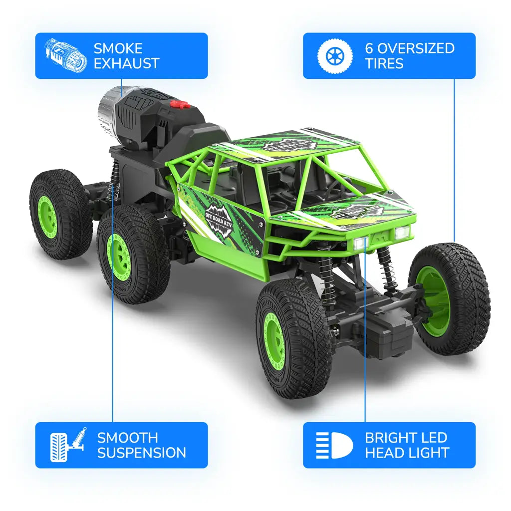 MIRANA MEGA RANGER APP AND REMOTE CONTROL CAR - DUAL MOTOR, LED HEADLIGHTS, SMOKE EXHAUST, 6 DRIVE WHEEL, 2000 MAH LI-ION RECHARGEABLE BATTERY, C TYPE USB CHARGING (GREEN )