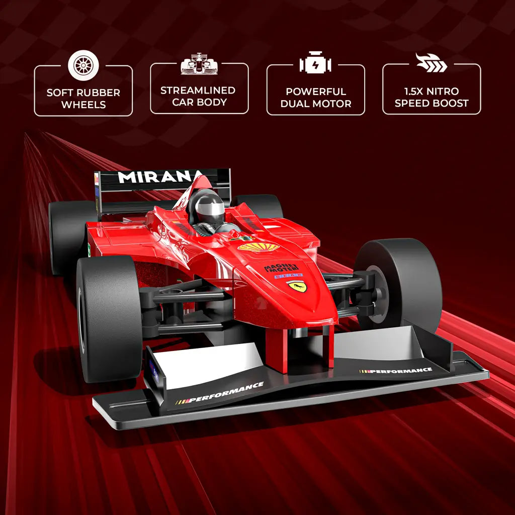 MIRANA F1R SUPER CAR APP & REMOTE CONTROL SUPER CAR - 1.5X NITRO BOOST, IN-BUILT BLUETOOTH SPEAKER, 2000 MAH C TYPE USB RECHARGEABLE BATTERY, DUAL MOTOR & SOFT RUBBER WHEELS SCALE 1:16 (RED)