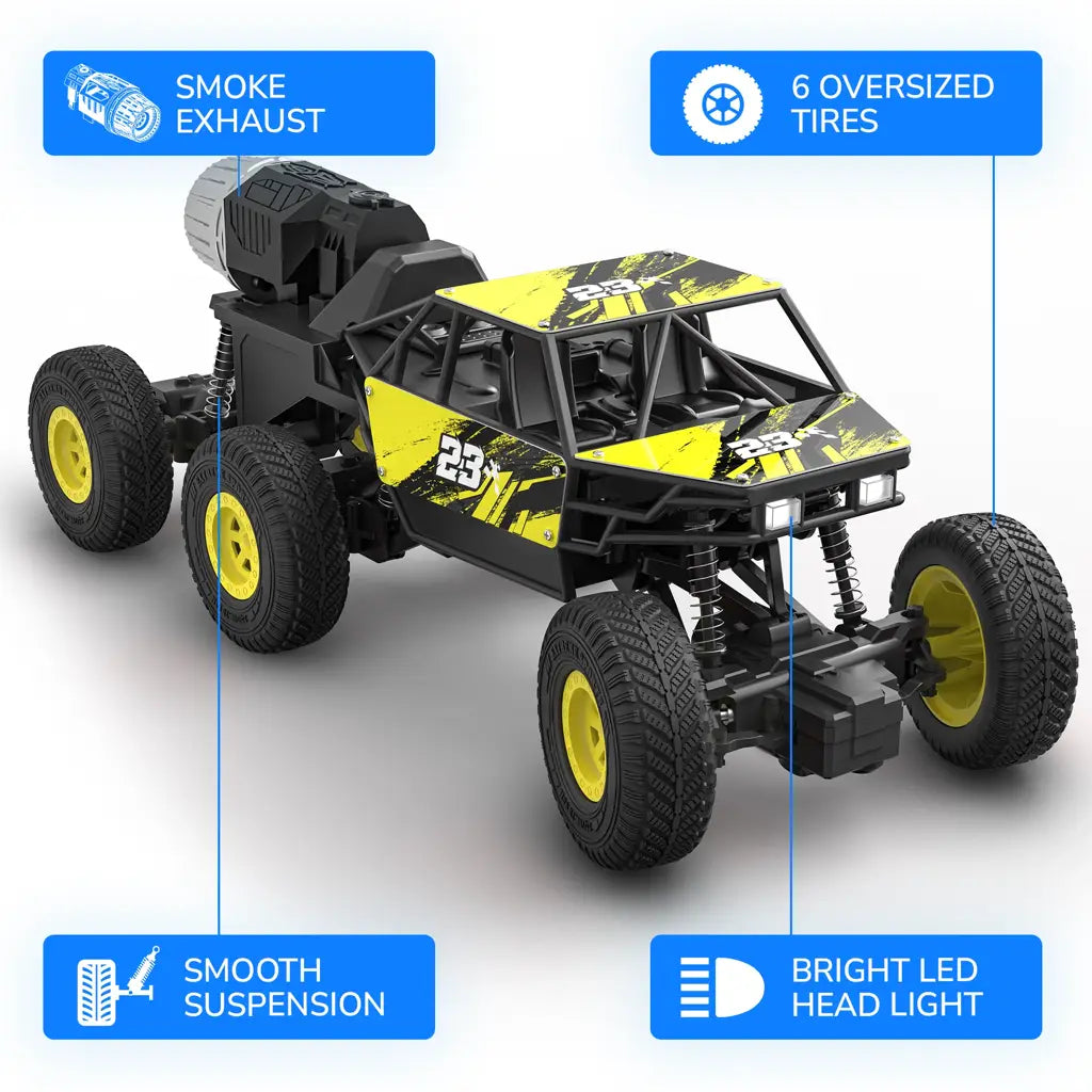 MIRANA MEGA RANGER APP AND REMOTE CONTROL CAR - DUAL MOTOR, LED HEADLIGHTS, SMOKE EXHAUST, 6 DRIVE WHEEL, 2000 MAH LI-ION RECHARGEABLE BATTERY, C TYPE USB CHARGING (YELLOW )