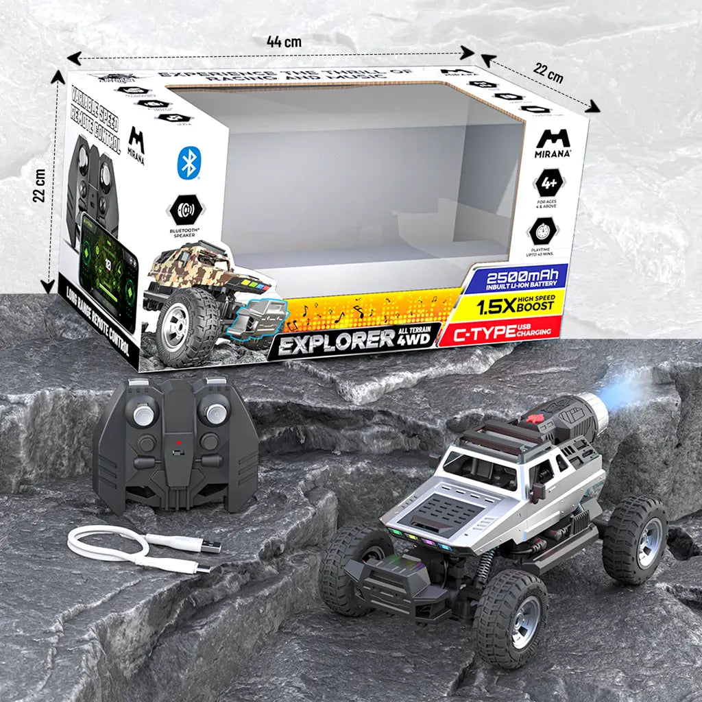 MIRANA EXPLORER 4X4 ALL WHEEL DRIVE REMOTE AND APP CONTROL MONSTER TRUCK, 1.5X POWERFUL NITRO, 2500 MAH LION RECHARGEABLE BATTERY, C TYPE USB CHARGING,SCALE 1:16 (SILVER)