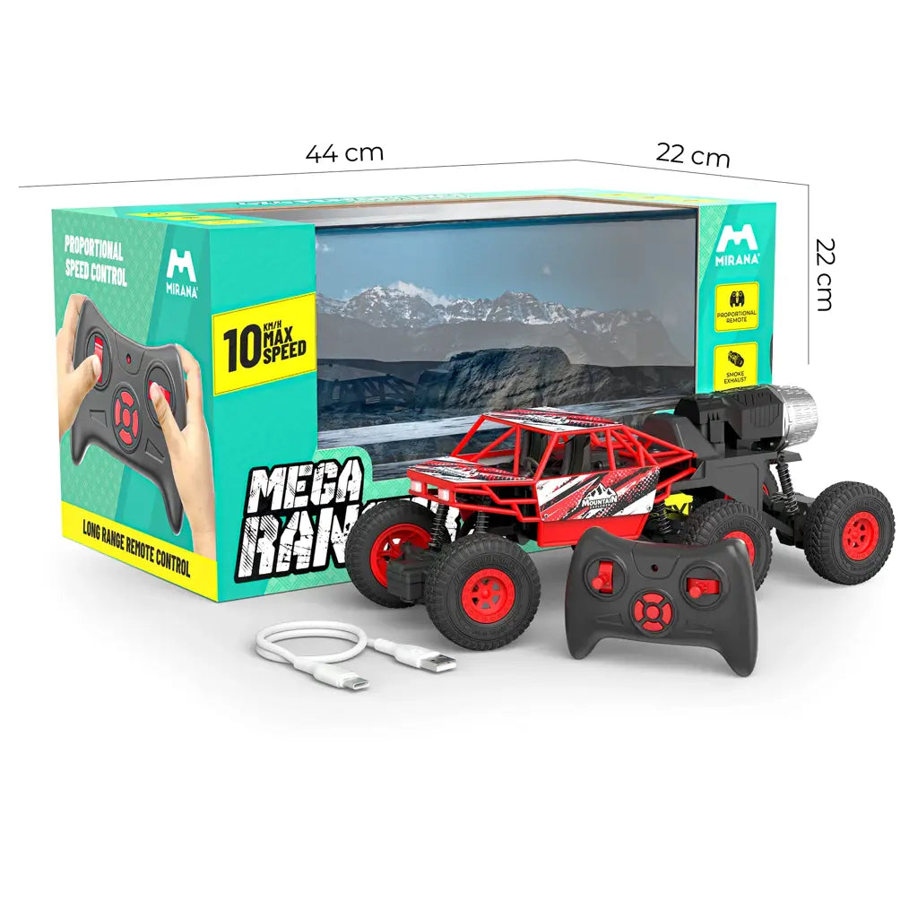 MIRANA MEGA RANGER APP AND REMOTE CONTROL CAR - DUAL MOTOR, LED HEADLIGHTS, SMOKE EXHAUST, 6 DRIVE WHEEL, 2000 MAH LI-ION RECHARGEABLE BATTERY, C TYPE USB CHARGING (RED)