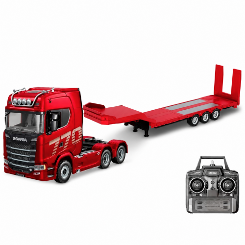 HUINA 1501 1/18 SCANIA 770 S V8 TRUCK RED AND 1502 1:18 PROFESSIONAL R/C PLATFORM SEMITRAILER RED