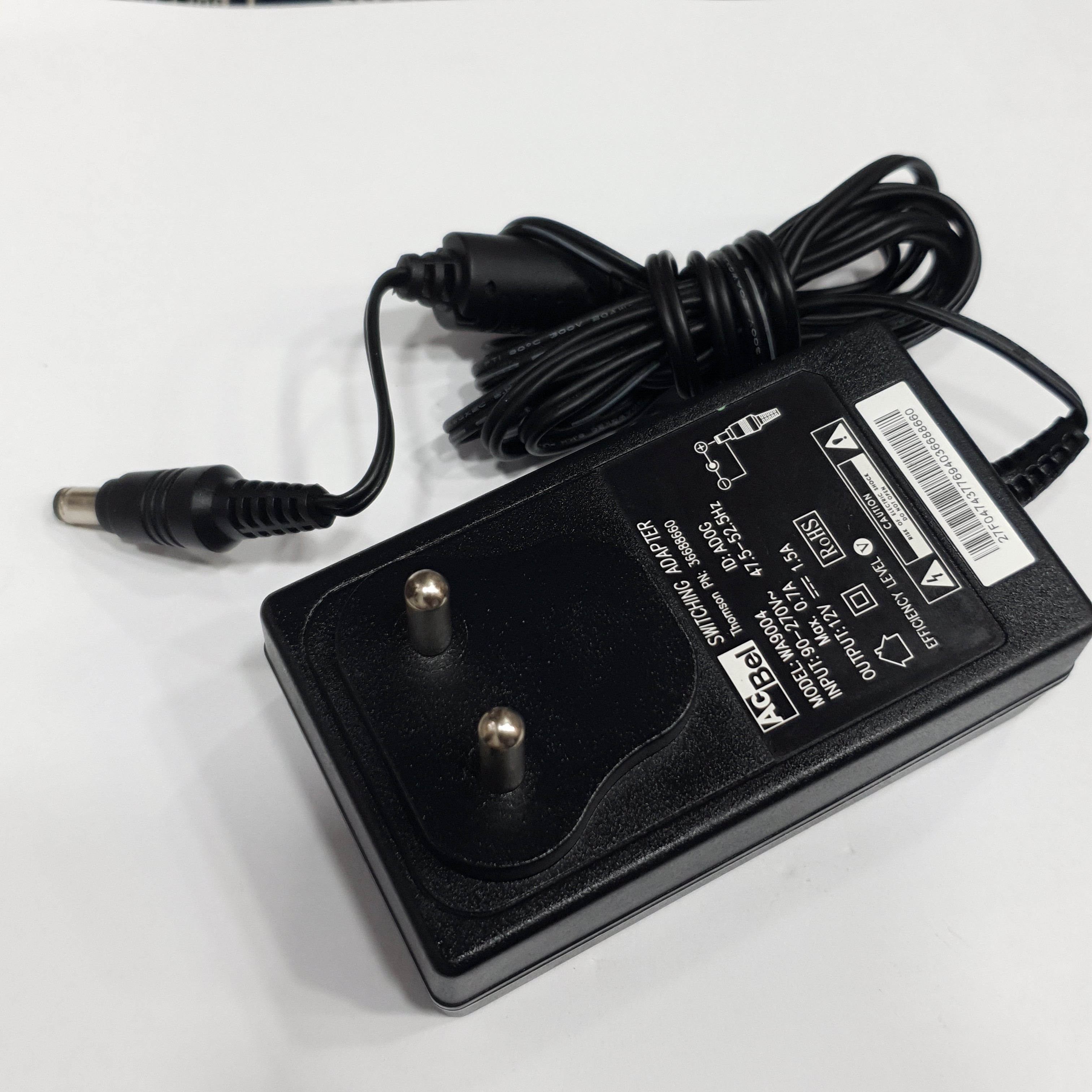 ACBEL AC-DC ADAPTOR (MODEL WA9004) AC INPUT: 90-270V DC OUTPUT: 12V 1.5A WITH 5.5MM X 2.5MM BARREL PIN