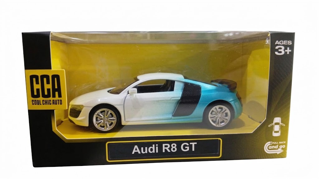 CCA 1:36 AUDI R8 GT DIECAST MODEL 12004 CAR WHITE/BLUE