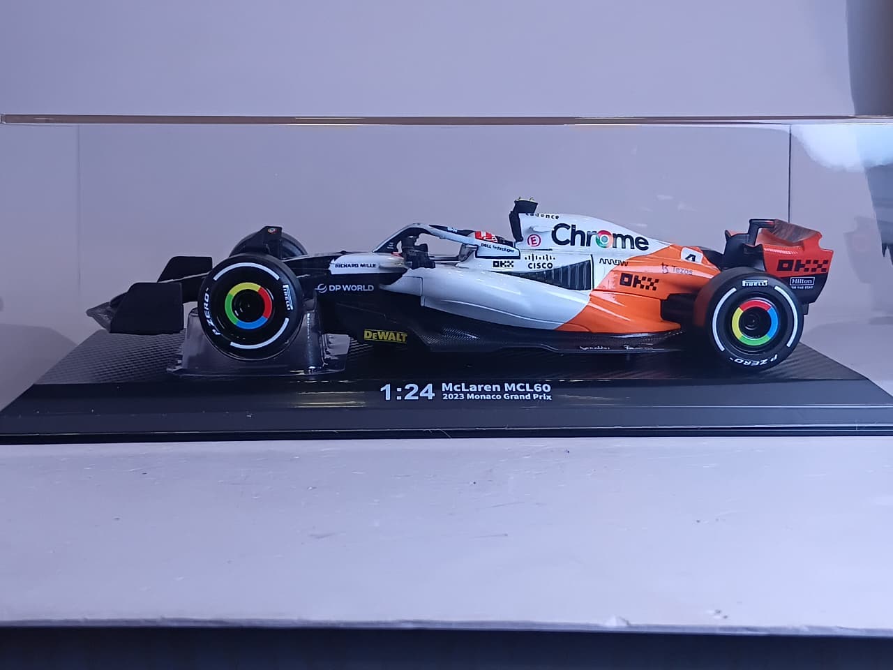 CCA MCLAREN MCL60 F1 MONACO GP 2023 SPECIAL CHROME DIE CAST MODEL 68203T 1:24 ORANGE/WHITE