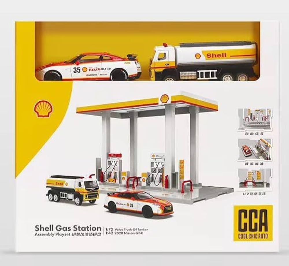 CCA 67277E SHELL GAS STATION ASSEMBLY PLAYSET 1/72 VOLVO TRUCK OIL TANKER 1/42 2020 NISSAN GT-R