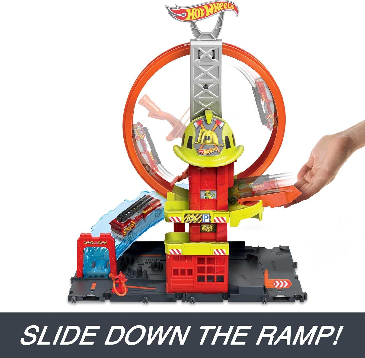 HOT WHEELS CITY SUPER LOOP FIRE STATION PLAYSET, TRACK SET WITH 1 TOY CAR (PRODUCT NO:HKX41)