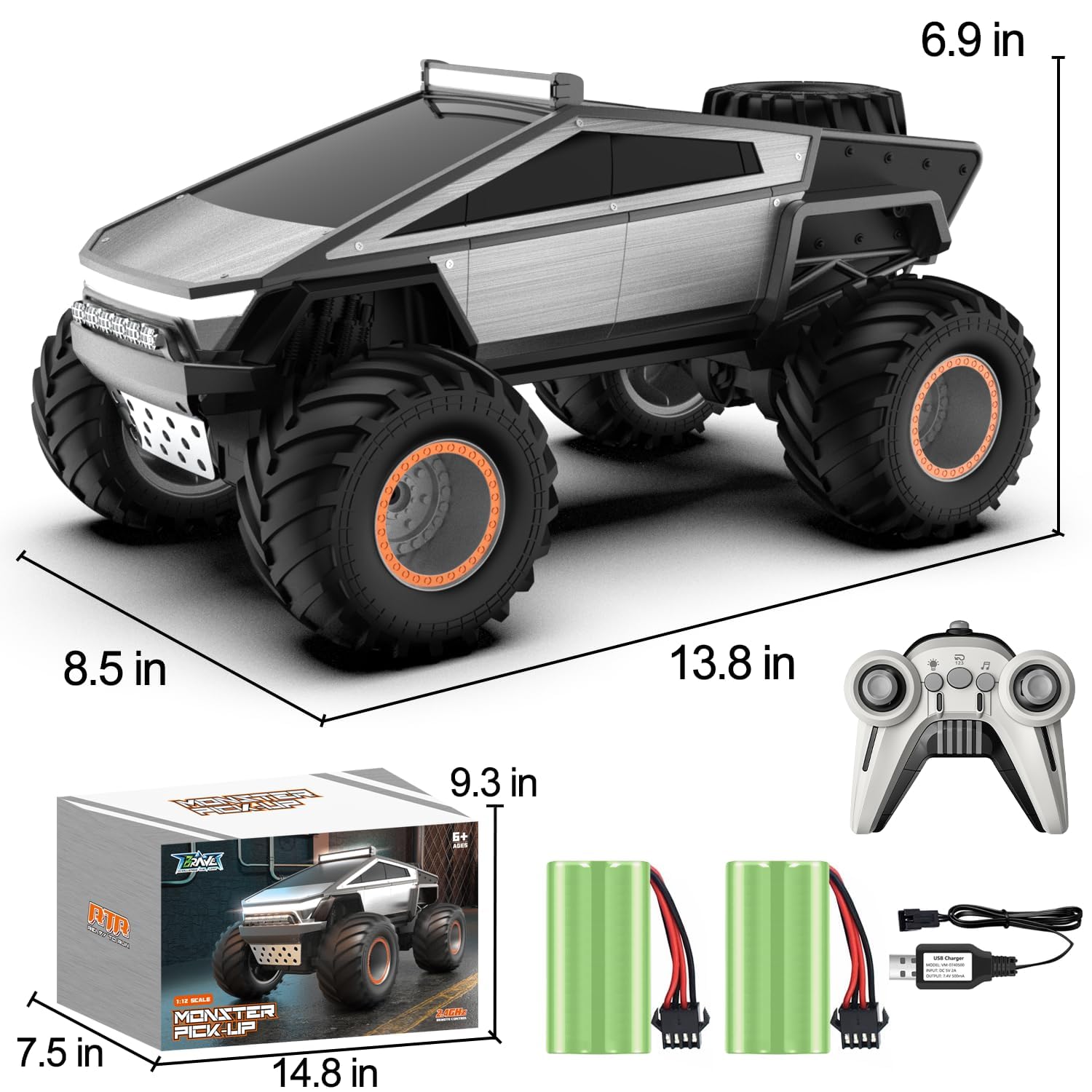 MONSTER 1/14 PICK UP  Q202 CYBERPUNK PICKUP OFF-ROAD MONSTER TRUCK BIG WHEEL ALL-TERRAIN CAPABILITY SHOCK ABSORBER SYSTEM WITH LIGHTS MUSIC