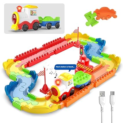 MIRANA BASIC BLOCK RIDER TOY TRAIN SET WITH COLORFUL & MULTIPLE TRACK LAYOUT, VARIOUS SOUND MODES - VANDE BHARAT, RAJDHANI, DELHI METRO (47 PCS)