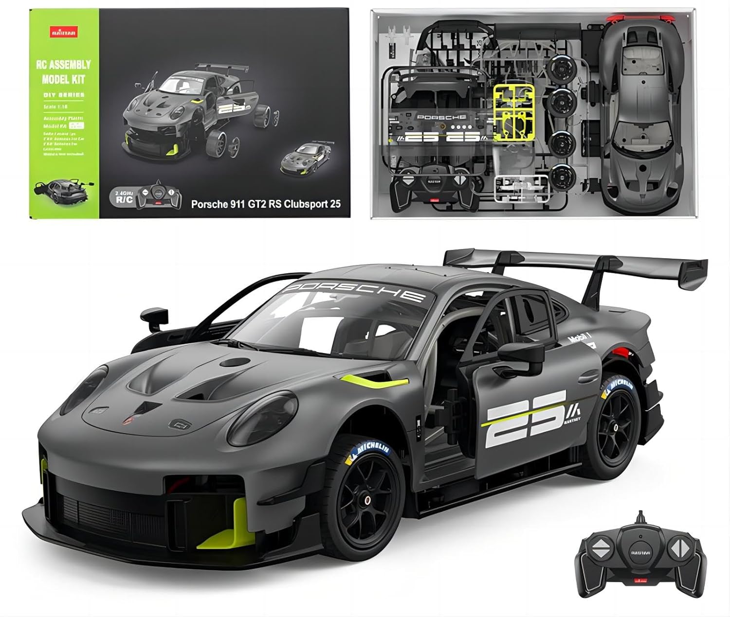 RASTAR 99600 1/18 PORSCHE 911 GT2 RS CLUBSPORT 25 RC ASSEMBLY MODEL KIT (68 PCS & 8 PTS)