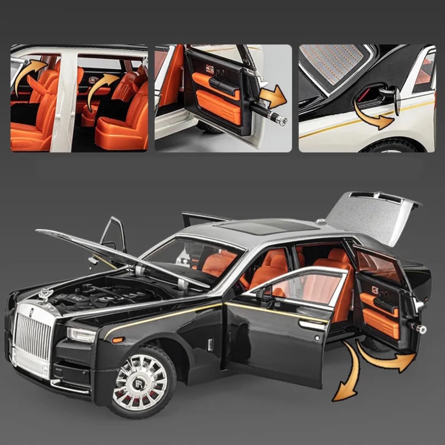 ROLLS-ROYCE DIECAST CAR MODEL 1:18 PULL BACK CZ1802 METAL WITH OPENABLE DOORS SOUND & LIGHT