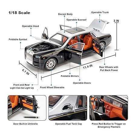 ROLLS-ROYCE DIECAST CAR MODEL 1:18 PULL BACK CZ1802 METAL WITH OPENABLE DOORS SOUND & LIGHT