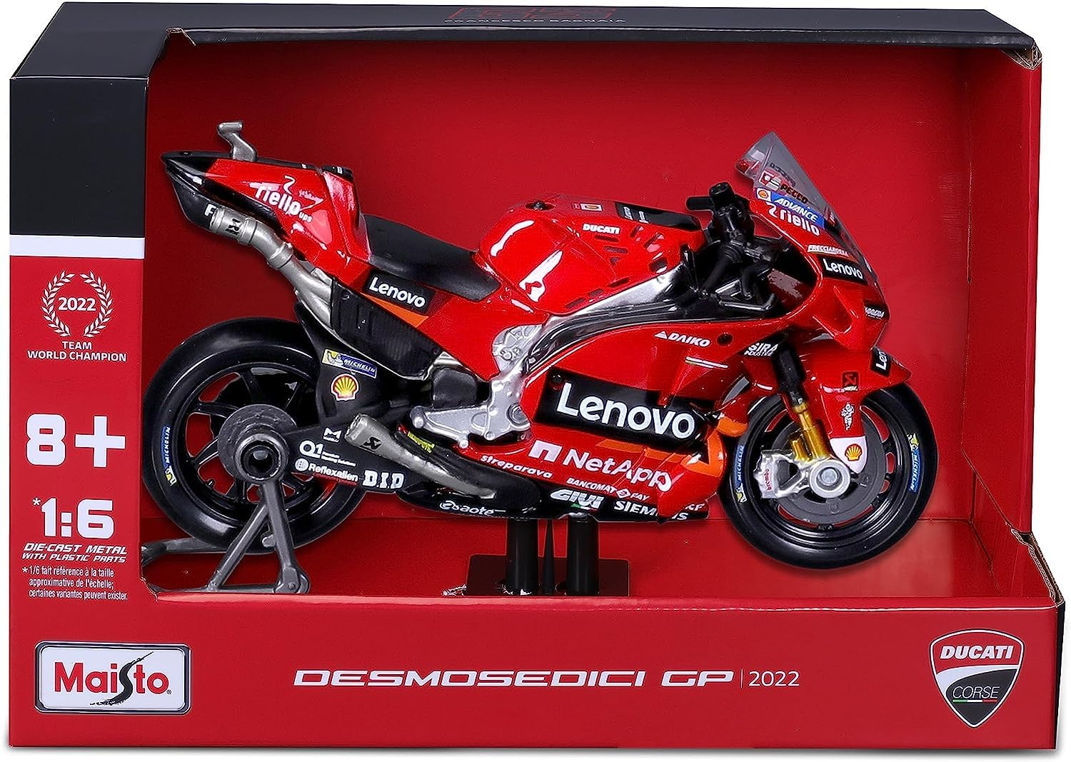 MAISTO - 1/6 SCALE MODEL DUCATI DESMOSEDICI REPLICA LENOVO TEAM # 63 COMPATIBLE WITH FRANCESCO BAGNAIA MOTO GP 2022 (RED) 32229