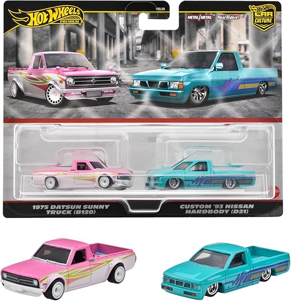 HOT WHEELS 2-PACK: 1975 DATSUN SUNNY TRUCK (B120) / CUSTOM '93 NISSAN HARDBODY (D21) –DIE-CAST CARS (9C6P)