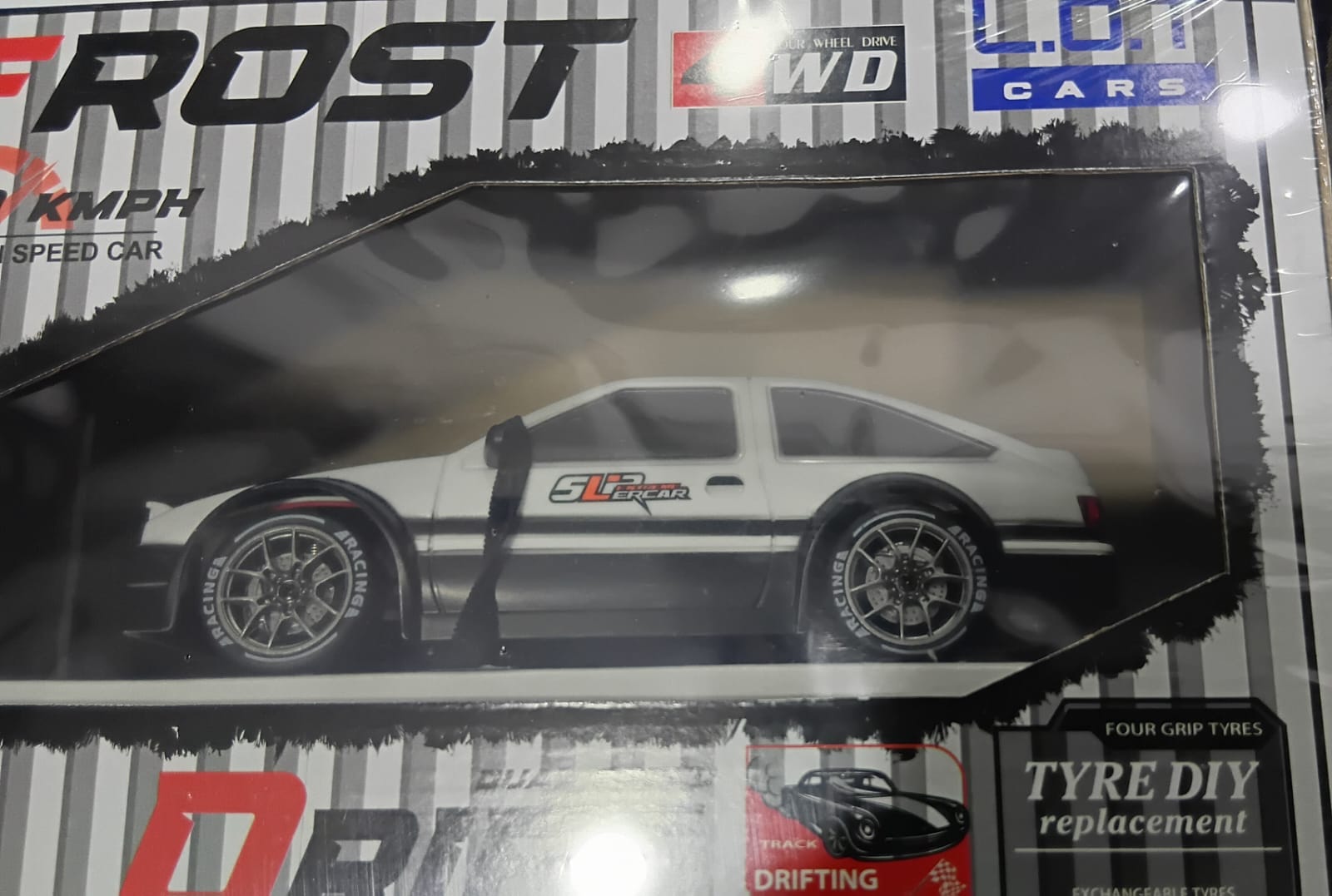 L.O.T 20 KMPH RC HIGH SPEED CAR FROST 4WD DUAL SPEED DRIFT ADDITIONAL ACCESSORIES REMOTE CONTROL 2.4GHZ / 1:24 SCALE LED FROST CAR (TYRE DIY REPLACEMENT) WHITE