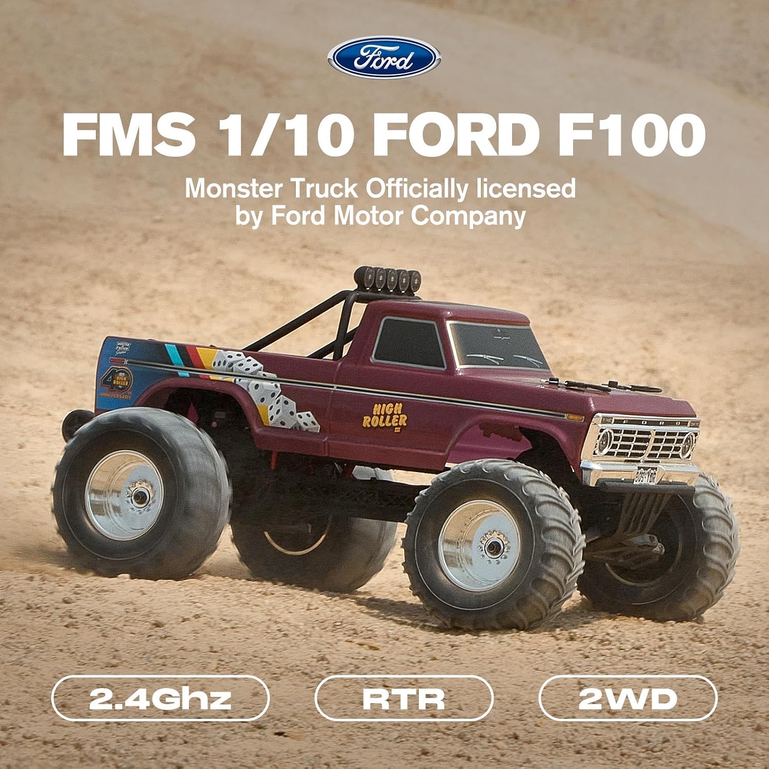 FMS 11023R 1/10 2WD RTR FORD F100 HIGH ROLLER MONSTER TRUCK RED COLOR