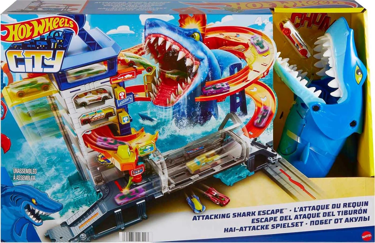 HOT WHEELS CITY TOY CAR TRACK SET, ATTACKING SHARK ESCAPE PLAYSET WITH 1:64 SCALE VEHICLE, MULTIPLE LEVELS, KID-POWERED LIFT, RACE TO ESCAPE (Product No:HDP06)