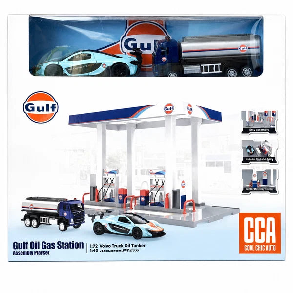 CCA 67277F GULF OIL GAS STATION ASSEMBLY PLAYSET 1/72 VOLVO TRUCK OIL TANKER 1/40 MCLAREN P1 GTR