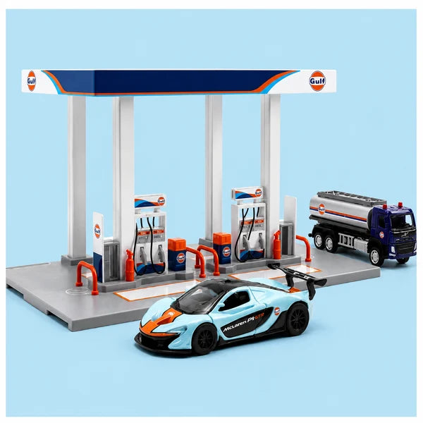 CCA 67277F GULF OIL GAS STATION ASSEMBLY PLAYSET 1/72 VOLVO TRUCK OIL TANKER 1/40 MCLAREN P1 GTR