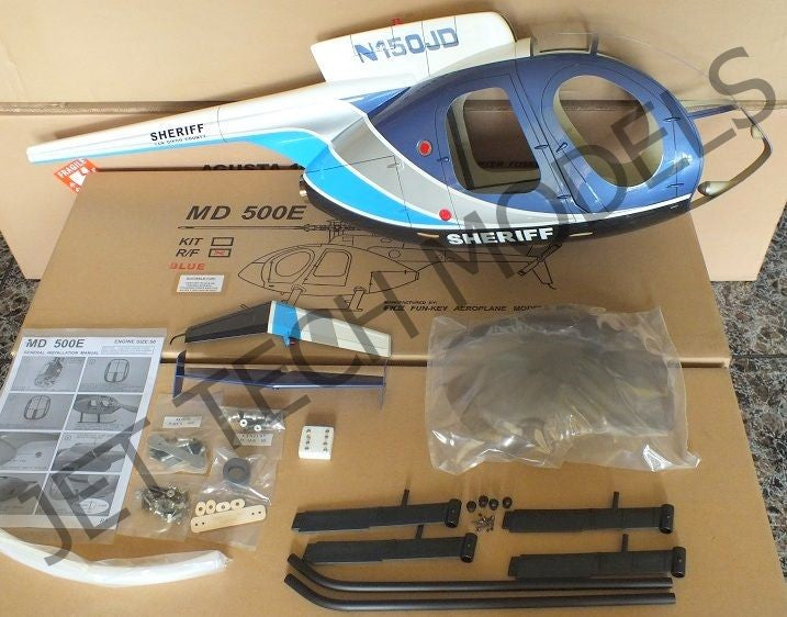 FUNKEY SCALE FUSELAGE HUGHES MD500E .50 (600) SIZE BLUE COLOR WITH LANDING SKID ARF QUALITY PRE OWNED