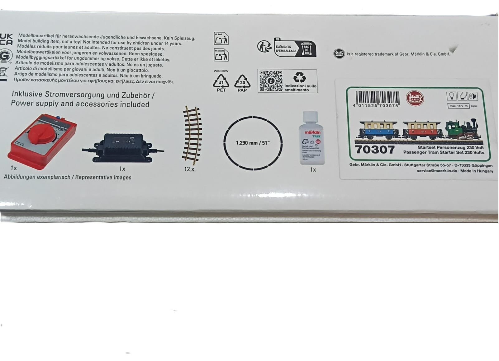 LGB 70307 PASSENGER TRAIN STARTER KIT - L70307 - MINIATURE GARDEN TRAIN WITH LOCOMOTIVE AND TWO CARS, OUTDOOR RAILWAY, G TRACK, 85 X 12 X 16 CM