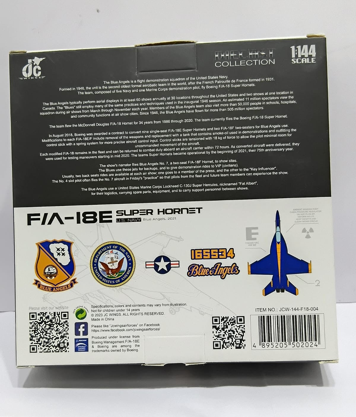 JC WING F/A-18E SUPER HORNET 1/144 SCALE U. S. NAVY BLUE ANGELS 2021 DIECAST AIRPLANE JCW-144-F18-004