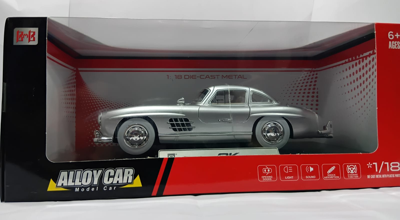 ALLOY CAR MERCEDES-BENZ 300 SL AMG 1:18 OPENING DOORS AND LIGHT WITH SOUND FUNCTION DIE-CAST MODEL SILVER
