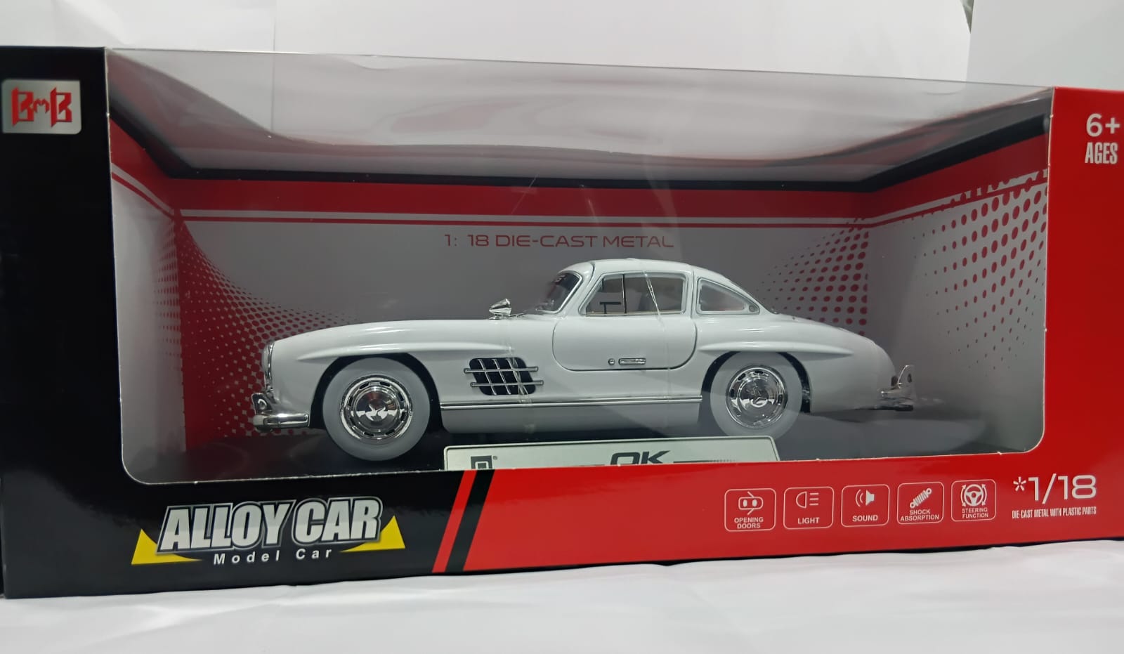 ALLOY CAR MERCEDES-BENZ 300 SL AMG 1:18 OPENING DOORS AND LIGHT WITH SOUND FUNCTION DIE-CAST MODEL