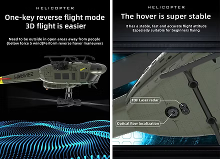 RC ERA C032 UH-1 1/48 RC HELICOPTER HUEY 2.4G 6CH GYRO STABILIZED REMOTE CONTROL AIRCRAFT WITH ALTITUDE HOLD & OPTICAL FLOW, ONE-KEY TAKEOFF/LANDING, YELLOW
