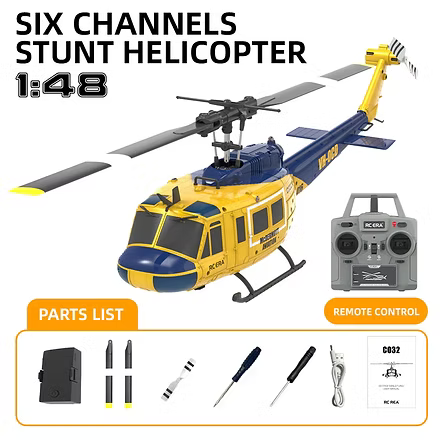 RC ERA C032 UH-1 1/48 RC HELICOPTER HUEY 2.4G 6CH GYRO STABILIZED REMOTE CONTROL AIRCRAFT WITH ALTITUDE HOLD & OPTICAL FLOW, ONE-KEY TAKEOFF/LANDING, YELLOW