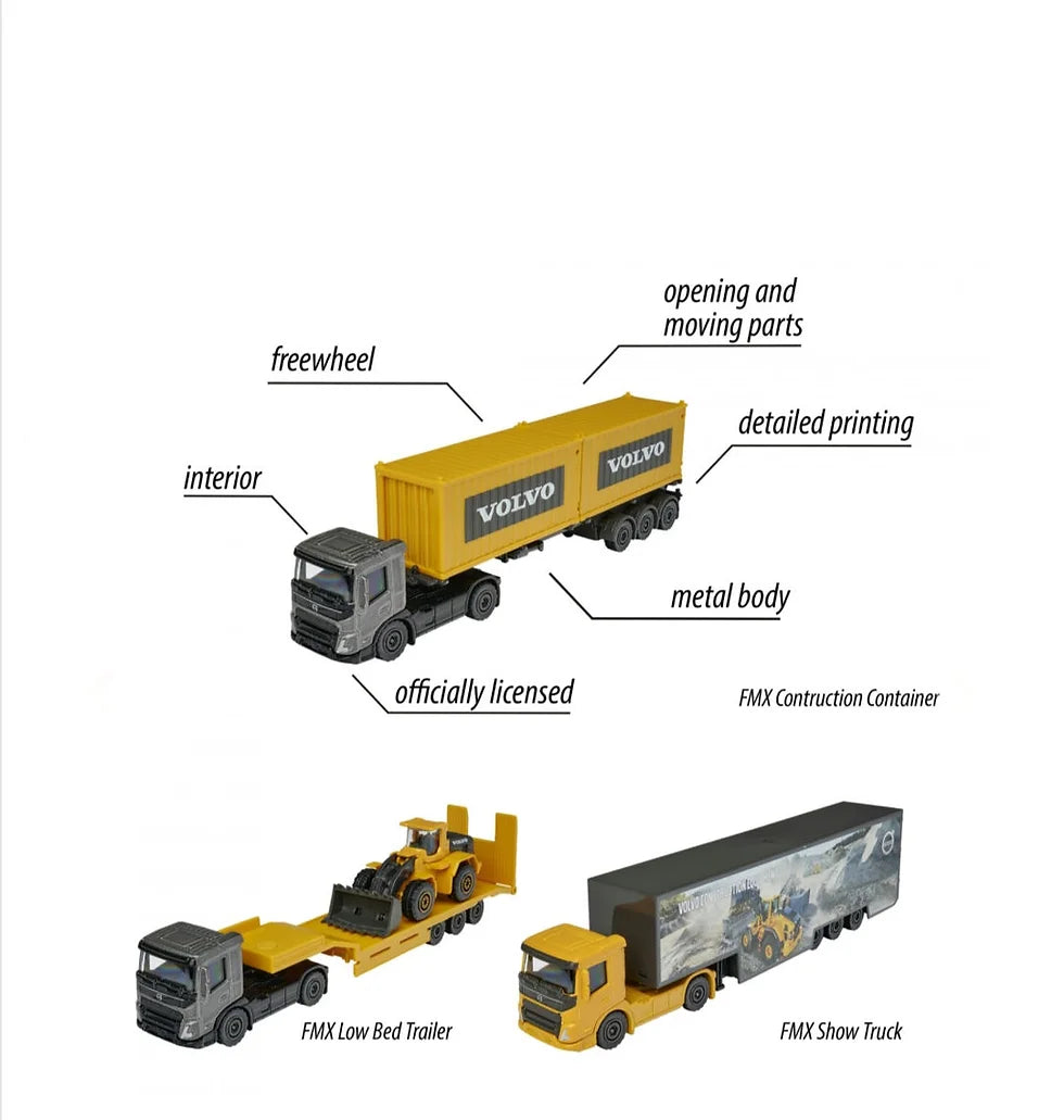 MAJORETTE CONSTRUCTION VOLVO TRANSPORTER TRUCK – FMX LOW BED TRAILER DIECAST PACK OF 1