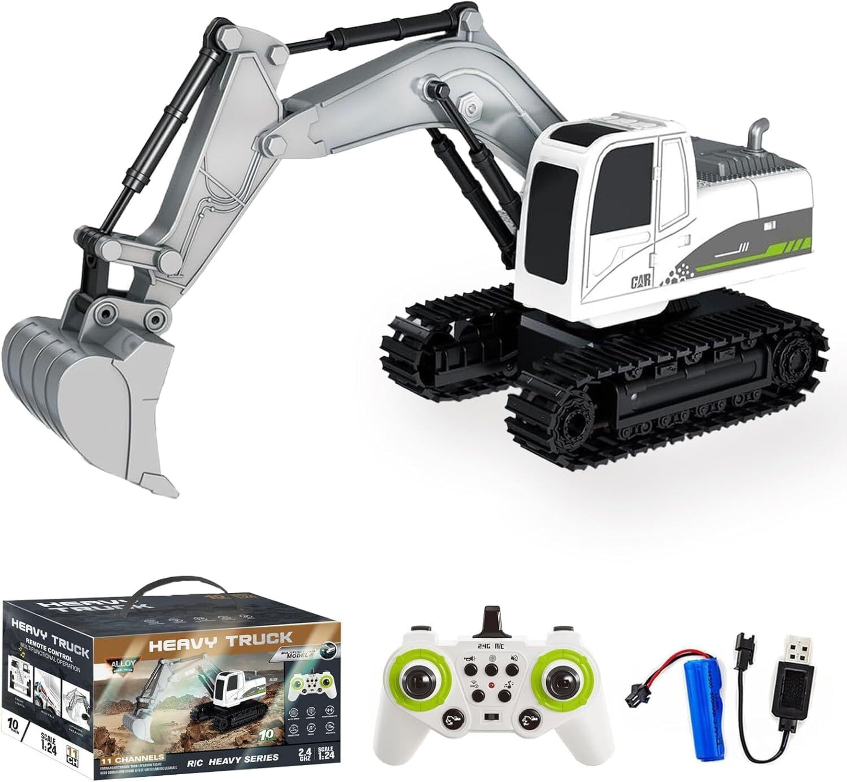 REMOTE CONTROL JCB- 11 CHANNEL METAL SHOVEL RC EXCAVATOR WITH MUSIC, 1:24 RC CONSTRUCTION VEHICLES WITH 2 BATTERIES
