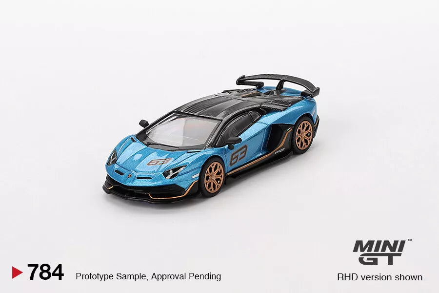 MINI GT 1/64 SCALE LAMBORGHINI AVENTADOR SVJ 63 BLU AEGIR NO:784
