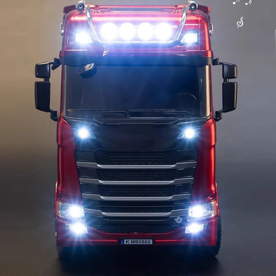 HUINA 1501 1/18 SCANIA 770 S V8 TRUCK RED AND 1502 1:18 PROFESSIONAL R/C PLATFORM SEMITRAILER RED