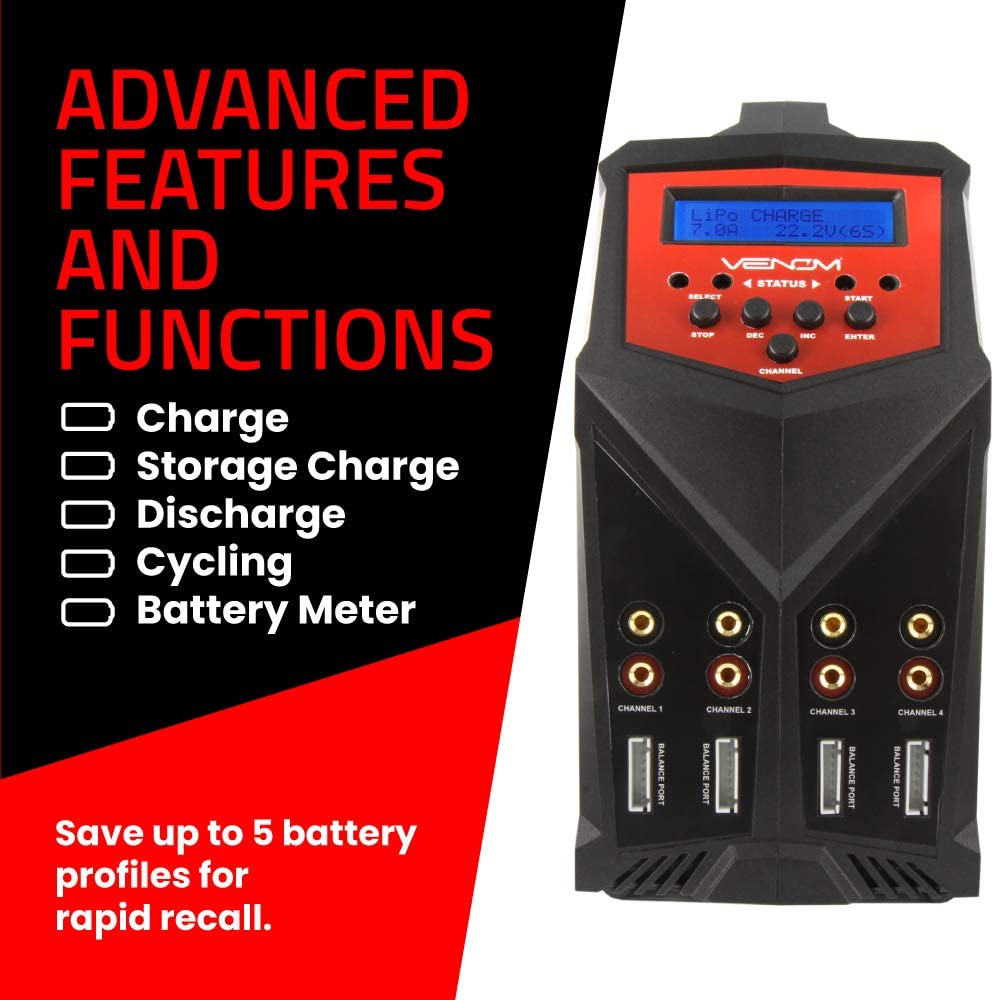 Venom Pro Quad Lipo Battery Fast Charger | 4 Ports At 100W Each | AC DC 7A Fast Nimh Lihv Lipo Balance Charger Discharger