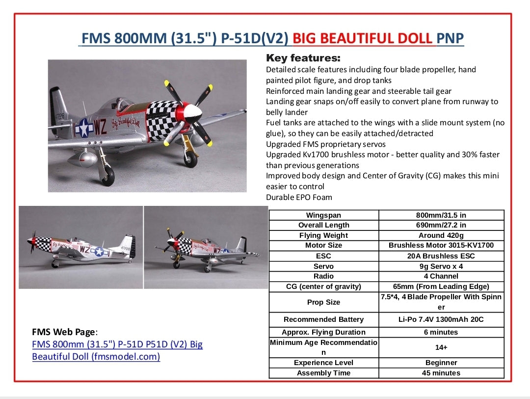 Fms 800Mm(31.5") P-51D(V2) Big Beautiful Doll Pnp