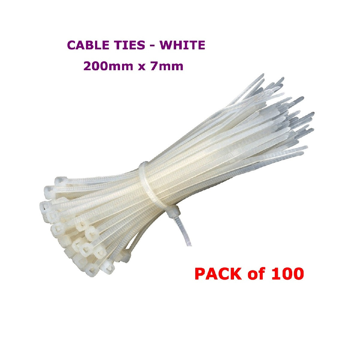Nylon Cable Zip Ties 200mm White (100pcs)